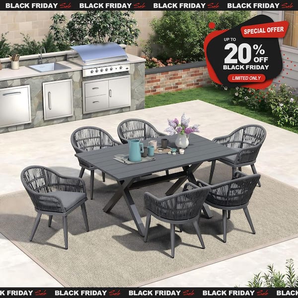 PURPLE LEAF 7 Piece Aluminum All-Weather PE Rattan Rectangular Outdoor Dining Set with Cushion, Grey