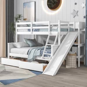 White Twin Over Full Wood Bunk Bed with Slide, Detachable Two Kids Bunk Bed with Drawers and Shelves, Wood Kids Bunk Bed