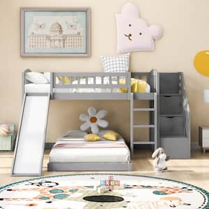 Gray Twin Size Floor Bunk Bed with Staircases and Drawers, Solid Wood Kids Stairway Bunk Bed Frame with Slide and Ladder