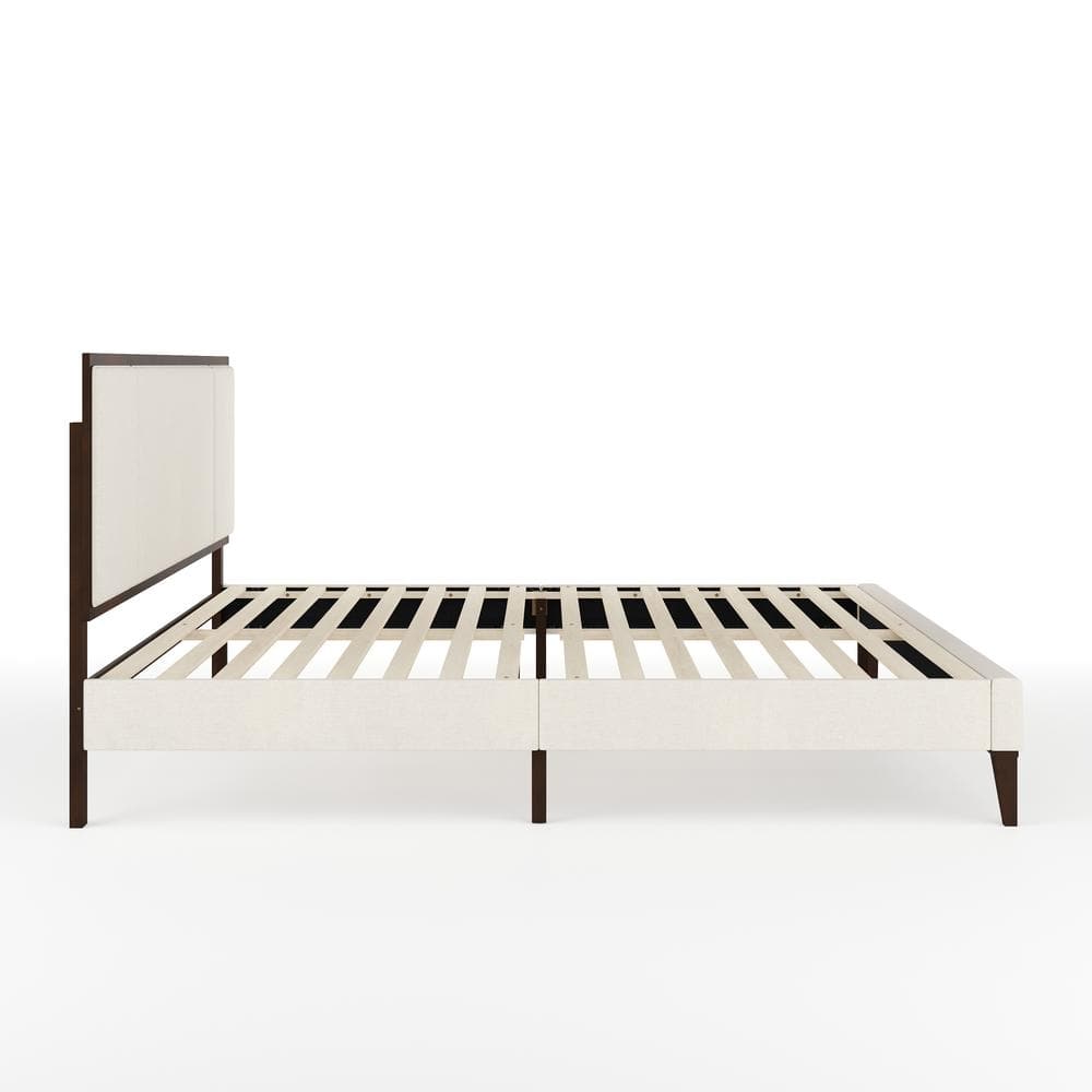 King Dark Brown Upholstered Wood Frame Platform Bed with Headboard