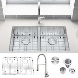 32 in. Drop-in/Undermount Double Bowl 18-Gauge Stainless Steel Kitchen Sink with Faucet