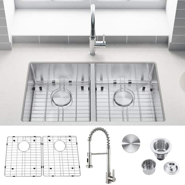 Zeus & Ruta 32 in. Drop-in/Undermount Double Bowl 18-Gauge Stainless Steel Kitchen Sink with Faucet