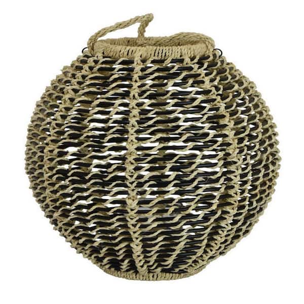 Benjara Beige and Black Polyurethane Oval Shape Tabletop Decor Lantern with Woven Fiber Frame