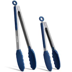 2-Piece Classic Blue Cooking Accessories Stainless Steel Silicone Tongs