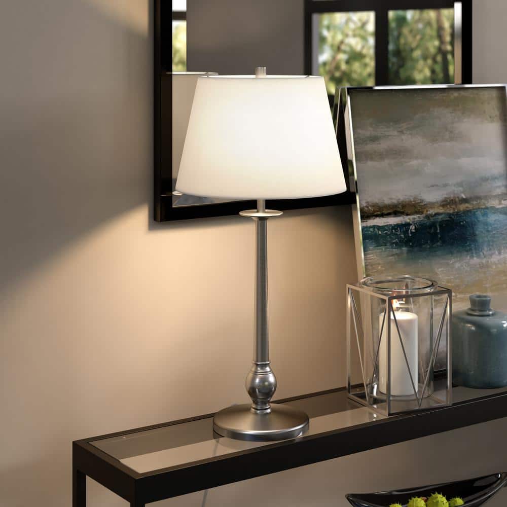 Brushed Nickel Steel Table Lamp with White Linen Shade