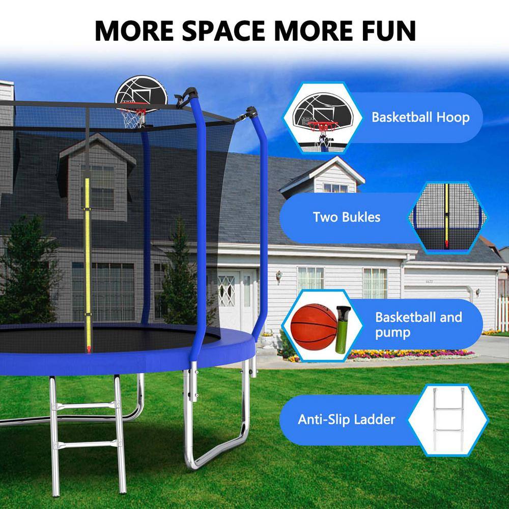 Blue 10FT Round Trampoline with Enclosure and Basketball Hoop