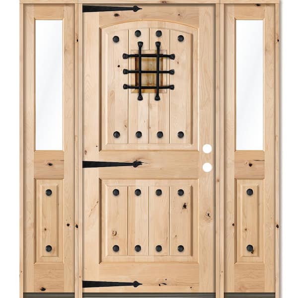 58 in. x 80 in. Mediterranean Unfinished Knotty Alder Arch Left-Hand Half Sidelites Clear Glass Prehung Front Door