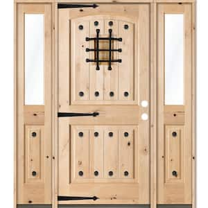 64 in. x 80 in. Mediterranean Alder Arch Top Clear Low-E Unfinished Wood Left-Hand Prehung Front Door/Half Sidelites