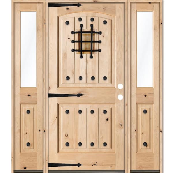 Krosswood Doors 64 in. x 80 in. Mediterranean Alder Arch Top Clear Low-E Unfinished Wood Left-Hand Prehung Front Door/Half Sidelites