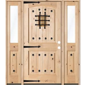 70 in. x 80 in. Mediterranean Knotty Alder Arch Unfinished Left-Hand Inswing Prehung Front Door with Half Sidelites