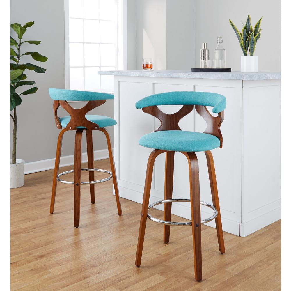Blue Swivel Upholstered Wood and Metal Barstools, Set of 2
