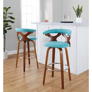 Gardenia 29.25 in. Teal Fabric, Walnut Wood, and Chrome Metal Fixed-Height Bar Stool (Set of 2)