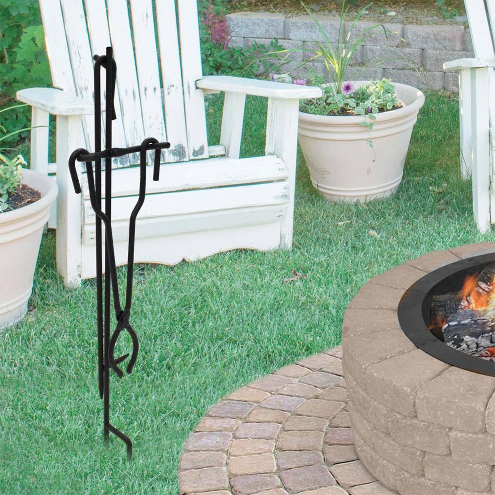 Black Heavy-Duty Steel Fire Poker and Tongs Set with Stand