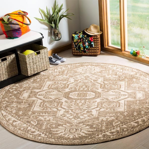 Linden Cream/Beige 4 ft. x 4 ft. Ornate Medallion Indoor/Outdoor Round Area Rug