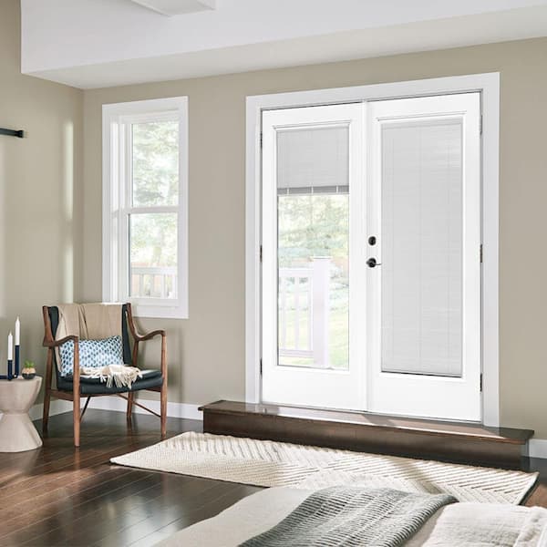 60 in. x 80 in. Fiberglass Smooth White Right-Hand Outswing Hinged Patio Door with Low E Built in Blinds