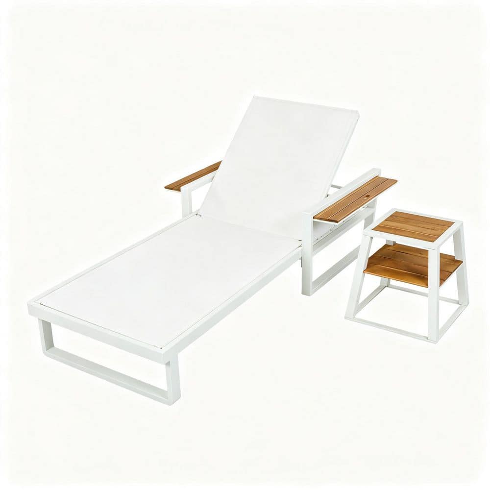 Wood Outdoor Chaise Lounge with Side Table, Foldable Armrests, Adjustable Backrest, Outdoor Recliner for Backyard, White