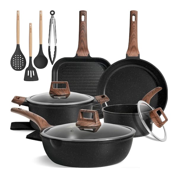 16-Piece Black Nonstick Ceramic Cookware Set Aluminum Core Induction Compatible with Grill Pan Saute Pan Pots