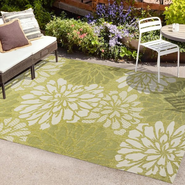 JONATHAN Y Zinnia Modern Floral Textured Weave Green/Cream 5 ft. x 8 ft. Indoor/Outdoor Area Rug
