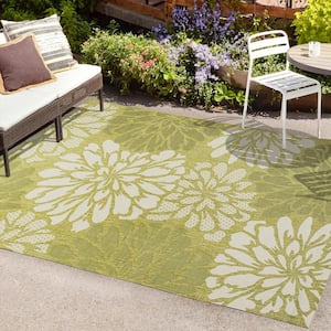 Zinnia Modern Floral Textured Weave Green/Cream 9 ft. x 12 ft. Indoor/Outdoor Area Rug