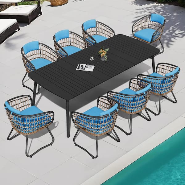 9-Piece Faux Rattan Wicker Chairs Aluminum Rectangular Table Outdoor Dining Set with Blue Cushion