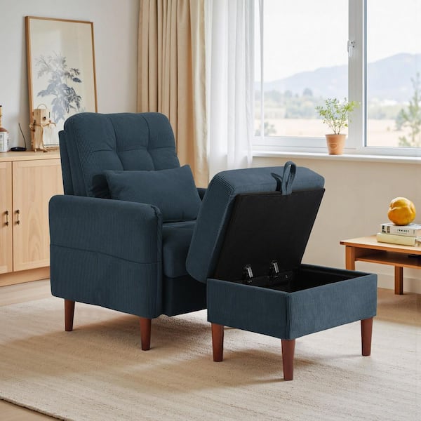 Navy Corduroy Fabric Upholstered Accent Arm Chair with Storage Ottoman and Adjustable Backrest (Set-1)