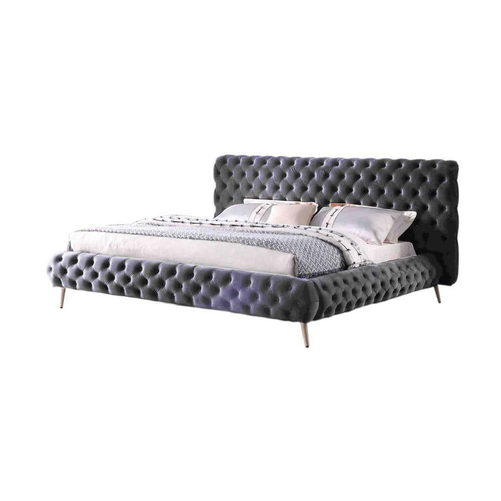 Elegant California King Velvet Upholstered Platform Bed with Tufted Headboard