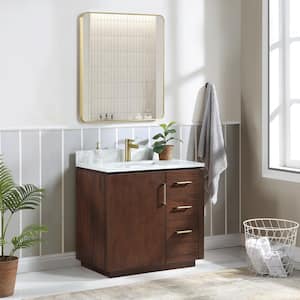 San 36 in.W x 22 in.D x 33.8 in.H Single Sink Bath Vanity in Natural Walnut with White Composite Stone Top