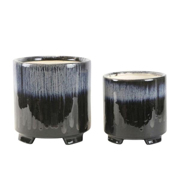 Benjara 8 in. Gray and Black Footed Ceramic and Abstract Design Planter (Set of 2)