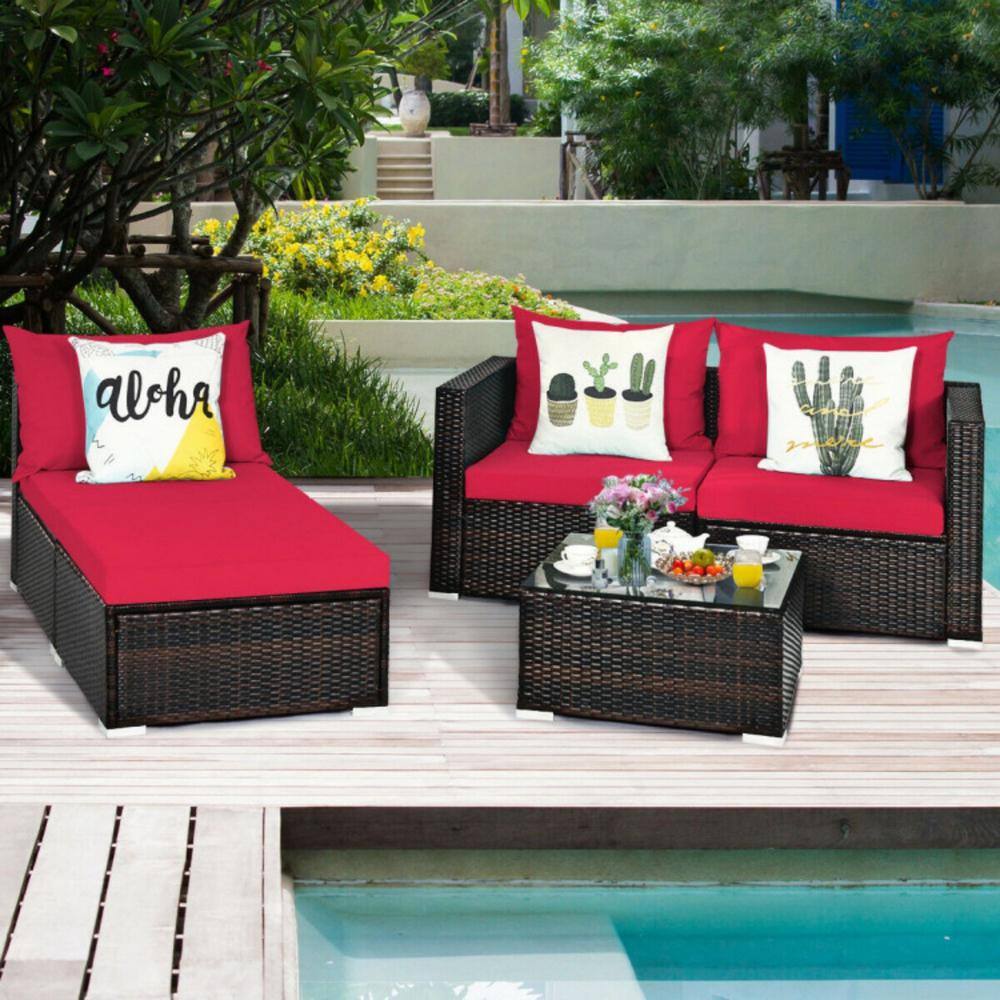 5-Piece Red Cushioned Rattan Patio Furniture Set with Ottoman