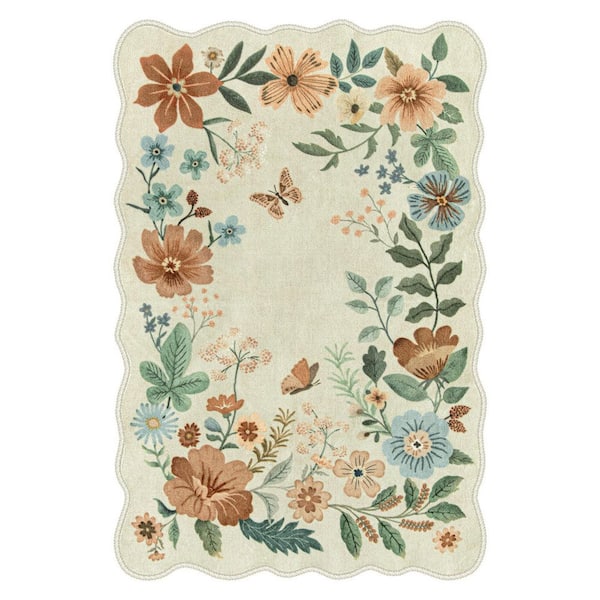 Washable Farmhouse Floral Print Wave-Shaped Non Slip Beige Living Room Entryway 4 ft. x 6 ft. Area Rug