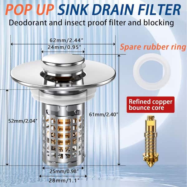 2-Piece Universal Bathroom Sink Drain Stopper with Removable Basket and Pop-Up Mechanism in Stainless Steel Finish