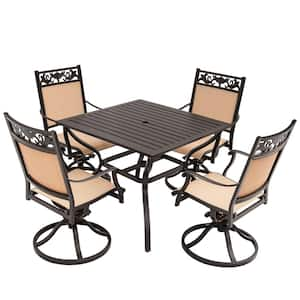 Dark Brown 5-Piece Aluminum Patio Dining Set With High Back Swivel Chairs, Umbrella Hole With Powder Coat Paint Finish