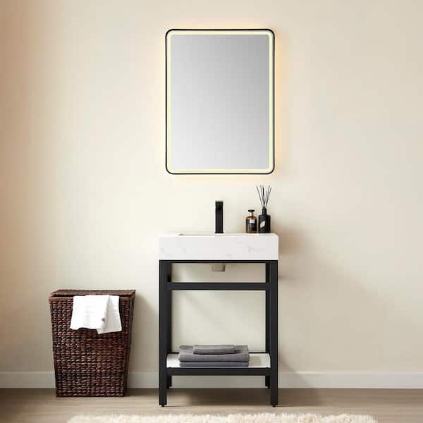 ROSWELL Funes 24 in. W x 22 in. D x 34 in. H Single Sink Bath Vanity in Matt Black with White Natural Stone Top and Mirror