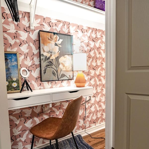 Novogratz Dusty Rose Family of Cranes Vinyl Peel and Stick Wallpaper Roll (Covers 28 sq. ft.)
