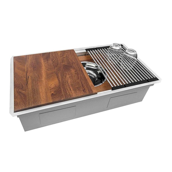 Dual-Tier 33 in. Undermount Single Bowl 16-Gauge Stainless Steel Workstation Kitchen Sink with Accessories