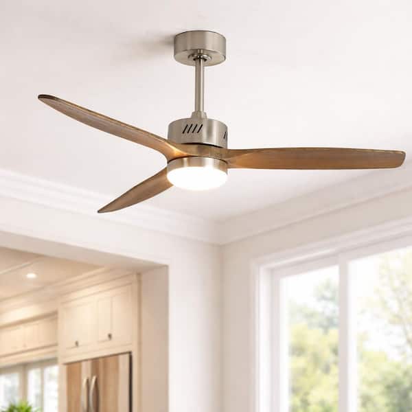 52 in. Integrated LED Indoor Nickel Downrod Outdoor Standard Ceiling Fan with Grey Oak Blades, Dimmable Light,Remote