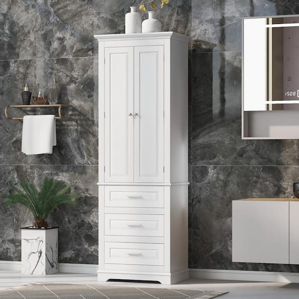 Unbranded 24 in. W x 15.7 in. D x 70 in. H White Linen Cabinet Tall Storage Cabinet with Three Drawers for Bathroom