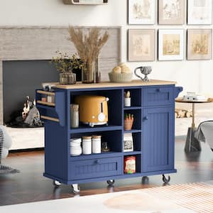 Brown Solid Wood Top 50.8 in. Dark blue Kitchen Island with Storage Cabinet and Microwave cabinet