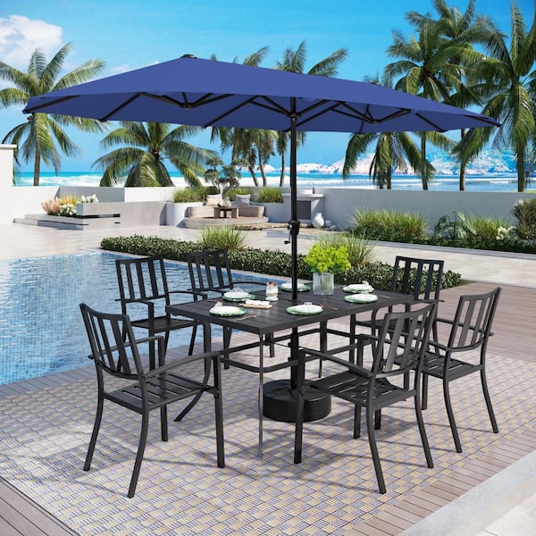 PHI VILLA 8-Piece Metal Outdoor Patio Dining Set with Umbrella and Stackable Chairs
