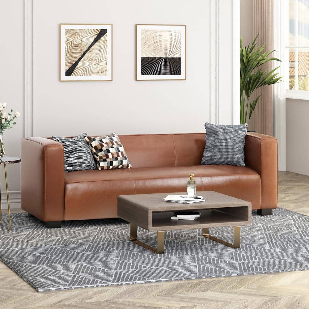 Cognac Brown Faux Leather Lawson Sofa with Square Arms