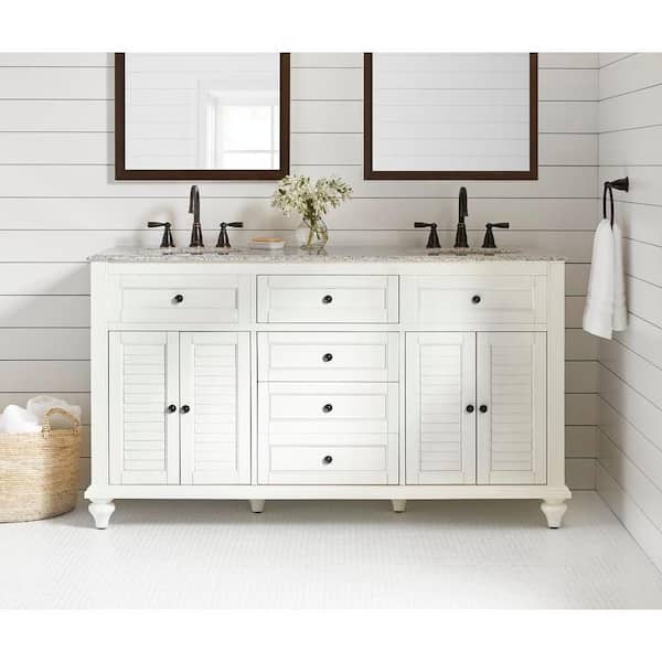Home Decorators Collection Hamilton 61 in. W x 22 in. D Double Bath Vanity in Ivory with Granite Vanity Top in Gray
