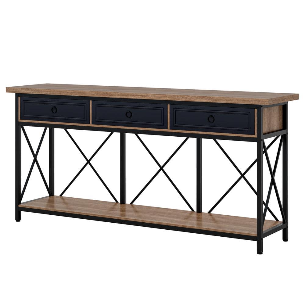 70.8" Black and Brown Wood Console Table with Storage