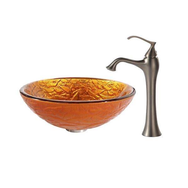 KRAUS Blaze Glass Vessel Sink in Gold with Ventus Faucet in Brushed Nickel