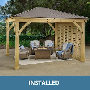 Professionally Installed Meridian 12 ft. x 14 ft. Cedar Shade Gazebo with a 12 ft. Privacy Wall and Brown Aluminum Roof