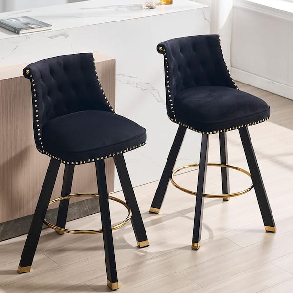 Modern Black Velvet Wood Swivel Counter Height Bar Stools with Tufted Backrest and Copper Nails (Set of 2)