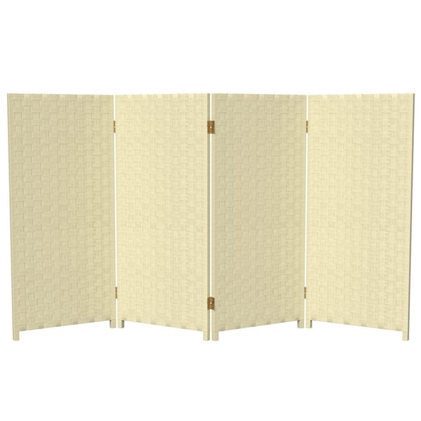 RED LANTERN 3 ft. Short Woven Fiber Folding Screen - 4 Panel - Cream
