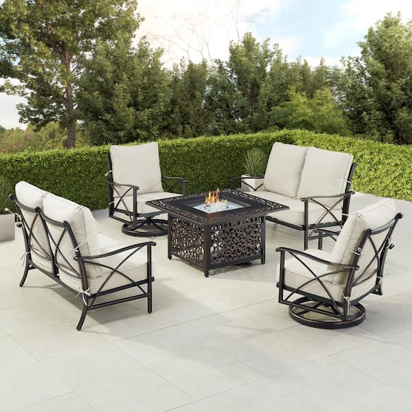 Oakland Living Black Aluminum Fire Table Set with 2-Loveseats and 2-Club Chairs