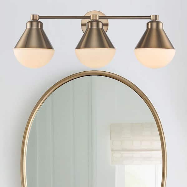 Monteaux Lighting 25.5 in. 3-Light Gold Bathroom Vanity Light Fixture with Opal Glass Shades