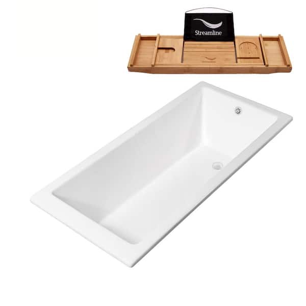 Streamline 67 in. Cast Iron Rectangular Drop-in Bathtub in Glossy White with Glossy White External Drain and Tray
