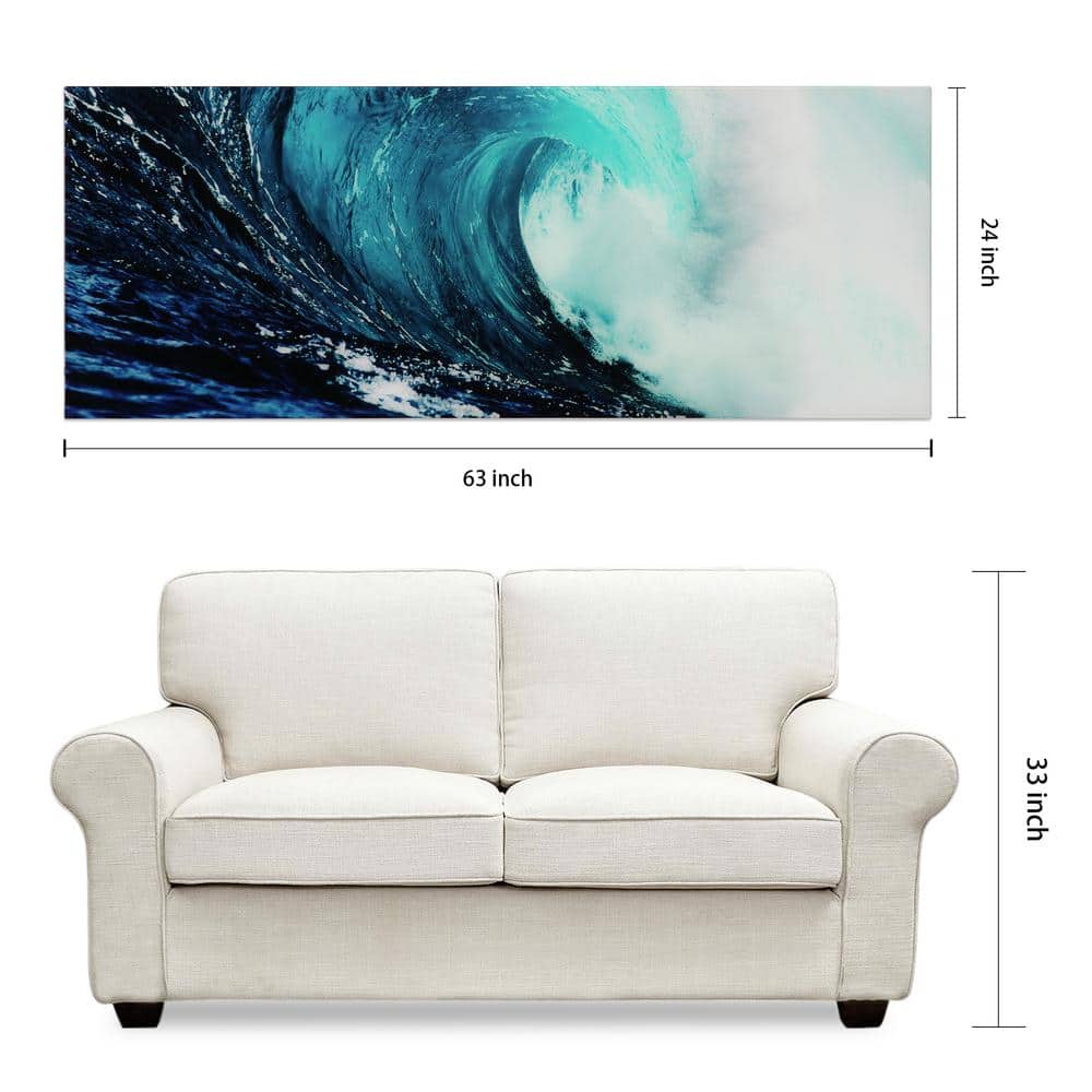 Blue Wave Abstract Tempered Glass Wall Art, 24" x 63"